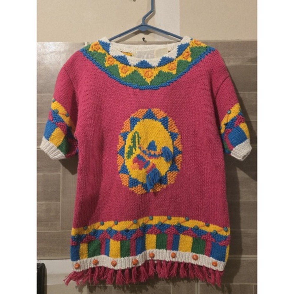 Vtg 1990 The Eagle's Eye Pullover Sweater Shirt Aztec Woman's Sz Small Hand Knit